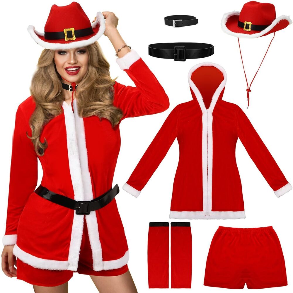 8509 6 Pcs Santa Claus Cowboy Costume Christmas Suit Hat Velvet Dress